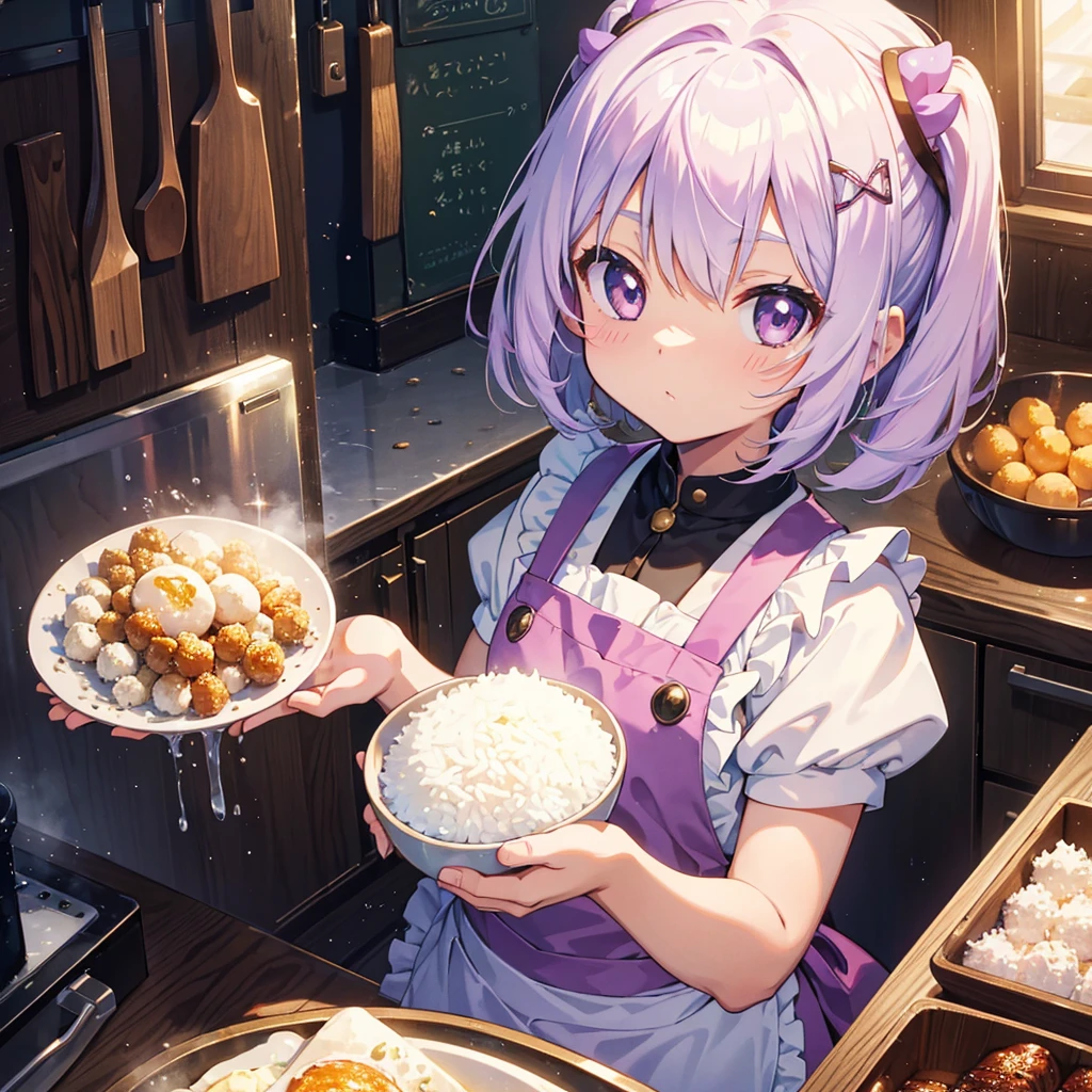 {{{Masterpiece, highest quality, high resolution background}}}, bright and beautiful atmosphere, 1 girl (7 , round face, baby facebreasts, kitchen, lots of rice balls on the cutting board, wearing an apron, A girl holding a rice ball, rice on her cheek, "deltamon_sdXL :0.73) >Deltamon"