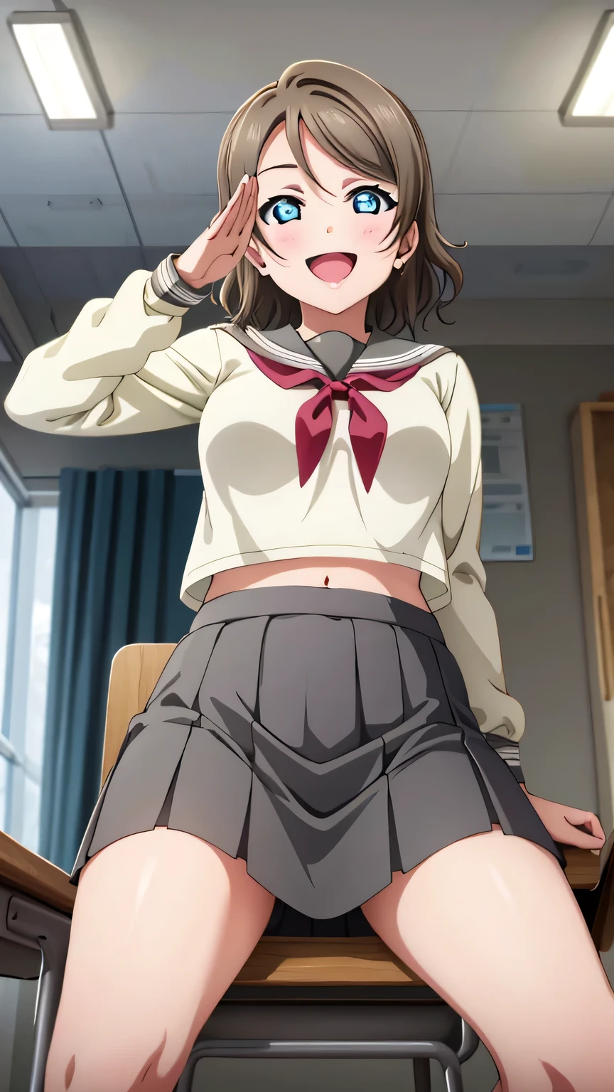 {{{masterpiece}}}, {{{best quality}}}, {{ultra-detailed}}, {illustration}, {{an extremely delicate and beautiful}}, (beautiful detailed eyes:1.6), extremely detailed face, 16k, anime face, {{watanabe you}}, love live! school idol project, {{love live! sunshine!!}}, cute face, light brown hair, medium hair, wavy hair, blue eyes, slender, medium breasts, thin waist, big hips, curvaceous, {School uniform}, {{{Uranohoshi Girls' High School uniform}}}, {white serafuku}, {{gray collar}}, {gray skirt}, red ribbon, ribbon tie, black socks, BREAK,1girl, cowboy shot, open mouth, kyoushitsu, classroom, indoors, school chair, school desk, chalkboard, window, ceiling light, curtains, smiling, smug face, salute, peer in from below, looking at viewer, daytime, sit on the desk, spread legs, flushed cheeks