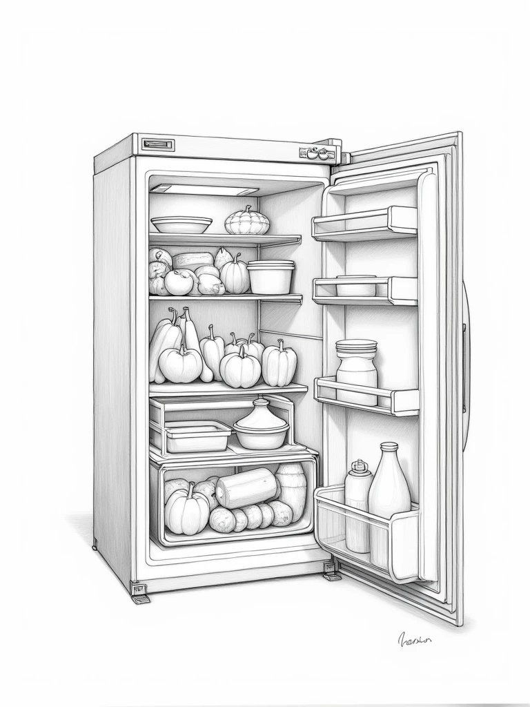 detailed pencil sketch of an open fridge with vegetables and leftover food, and plastic containers