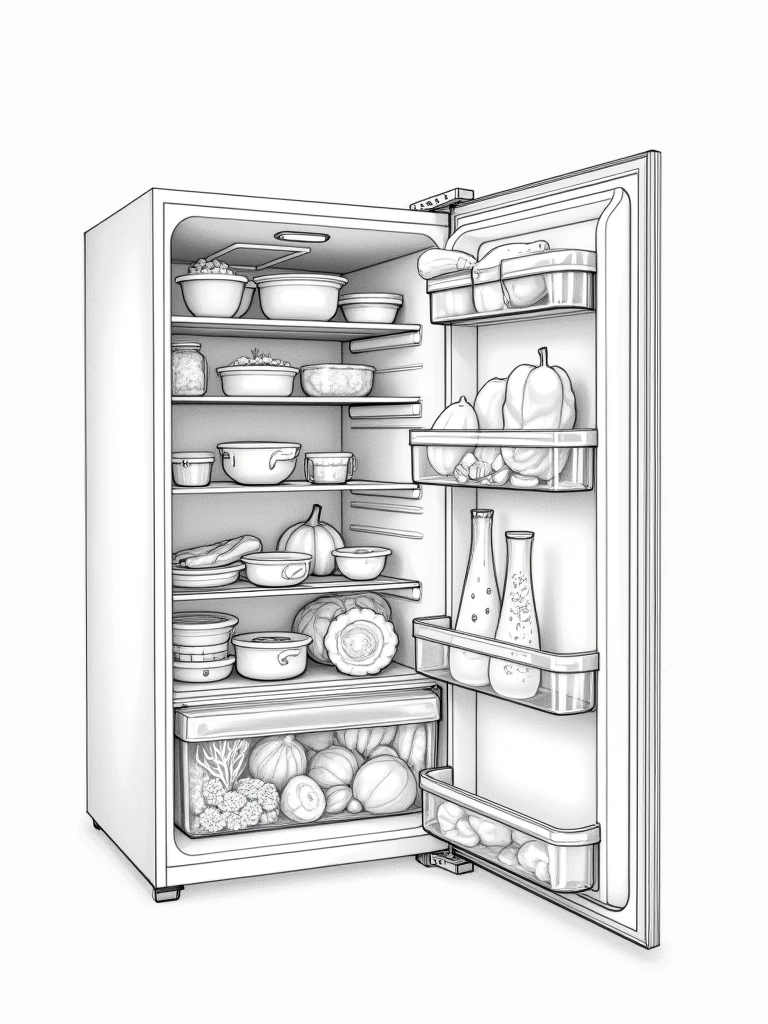 detailed pencil sketch of an open fridge with vegetables and leftover food, and plastic containers