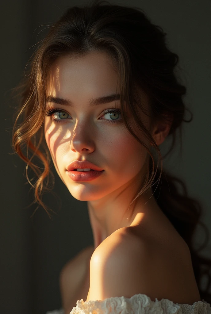 a beautiful woman, 1girl, detailed face, beautiful eyes, beautiful lips, long eyelashes, elegant hairstyle, flawless skin, slender figure, graceful pose, cinematic lighting, photorealistic, 8K, hyper detailed, oil painting, vibrant colors, dramatic chiaroscuro, dramatic atmosphere, cinematic framing, award winning artwork