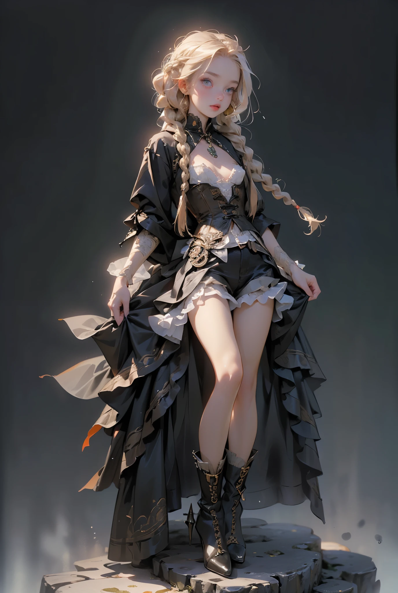 (((masterpiece, of the highest quality, super detailed))), 1girl, (big forhead:1.2),extremely detailed cute anime face, (((flat chest))), ((flat chest:1.1)),((((long twin braids,tight braids,long braid,braided hair,long hair)))), long hair, red hair, white hair, blonde hair, dark hair, ((ponytail, thick ponytail, heavy ponytail)), (a female knight of an occult order), (an occult saint), (combat pose), (ready for combat), (resolved expression), (resolute expression), (((a beautifully intricate ornate floating ritual sword))), Edwardian/Victorian era inspired, ((minimal but intricate beautiful armour)), ((Fluttering lace flared dress with frilly petticoats)), ((((Highly detailed face))), (((Very sharp focused eyes))), very long eyelashes, ((small breasts)), (((flat chest:1.1))), occult aesthetic, (red and white clothing detailed and intricate steampunk and detailed gothic), (with a hood), complex lace boots, (full body),