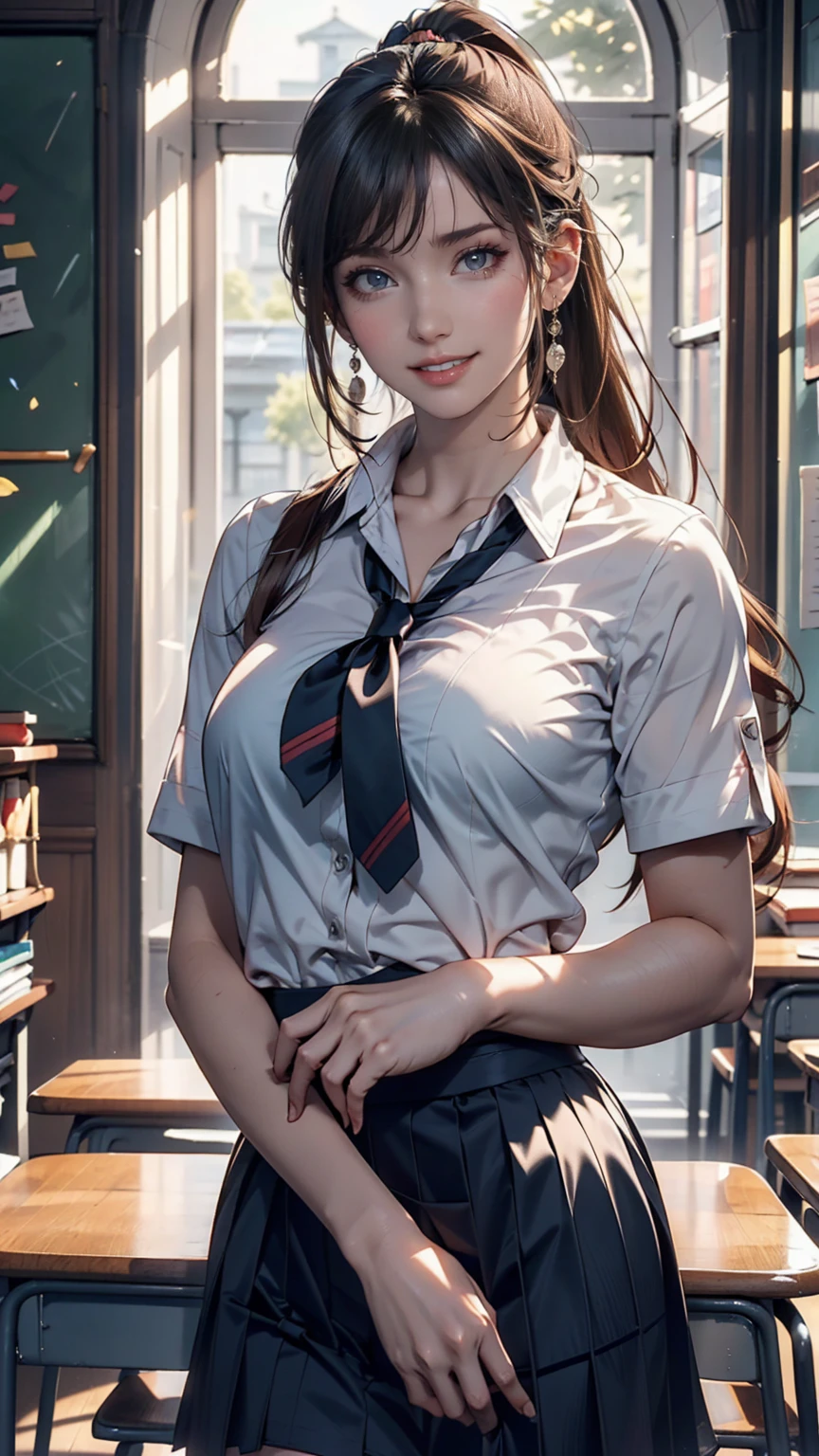 ((masterpiece)), (8k, expensive_solve), (clear_image), (Highest quality), (sunlight, Face reflected in the light), (Face reflected in the light:1.1), (meitantei conan (style), Detective Conan (style), meitantei conan), alone, Beautiful eyes and fine face, ((One girl, alone)), Medium chest, Wide Hips, (Abdominal muscles:0.8), ((school uniform)), (ponytail), (blush, Happy, Happy smile, Laughter),