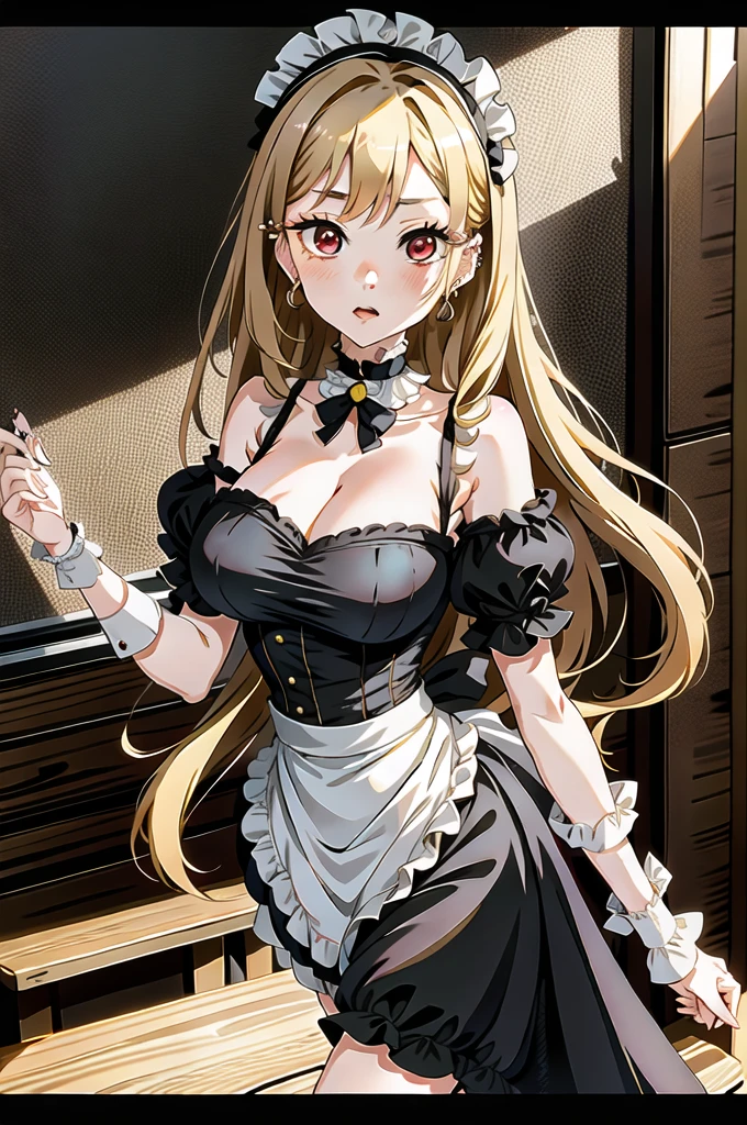 1girl, Marin Kitagawa, long hair, blonde hair, red eyes, piercing, earrings, ear piercing, stud earrings, black choker, wrist scrunchie, long fingernails, gyaru, (maid dress:1.2), shy, maid headdress,, (masterpiece:1.2), highres, best quality, 8k, very clear,