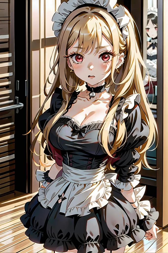 1girl,  Marin Kitagawa, long hair, blonde hair, red eyes, piercing, earrings, ear piercing, stud earrings, black choker,  wrist scrunchie, long fingernails, gyaru, (maid dress:1.2), shy, maid headdress,, (masterpiece:1.2), highres, best quality, 8k, very clear,