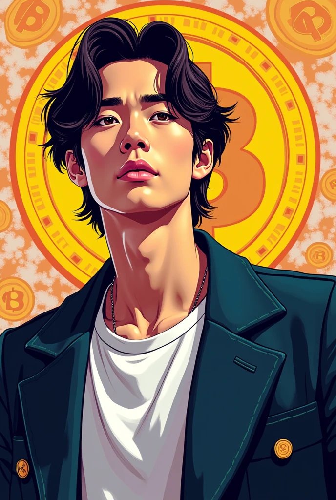 (masterpiece, Highest quality:1.1),Pop Art,Flat Color, Man in Black, Man wearing a double-breasted jacket,Her hair is semi-long and center-parted.,Bitcoin background, Dynamic Angle,35-year-old male,Japanese men,A white T-shirt underneath the jacket,The jacket is buttoned up,