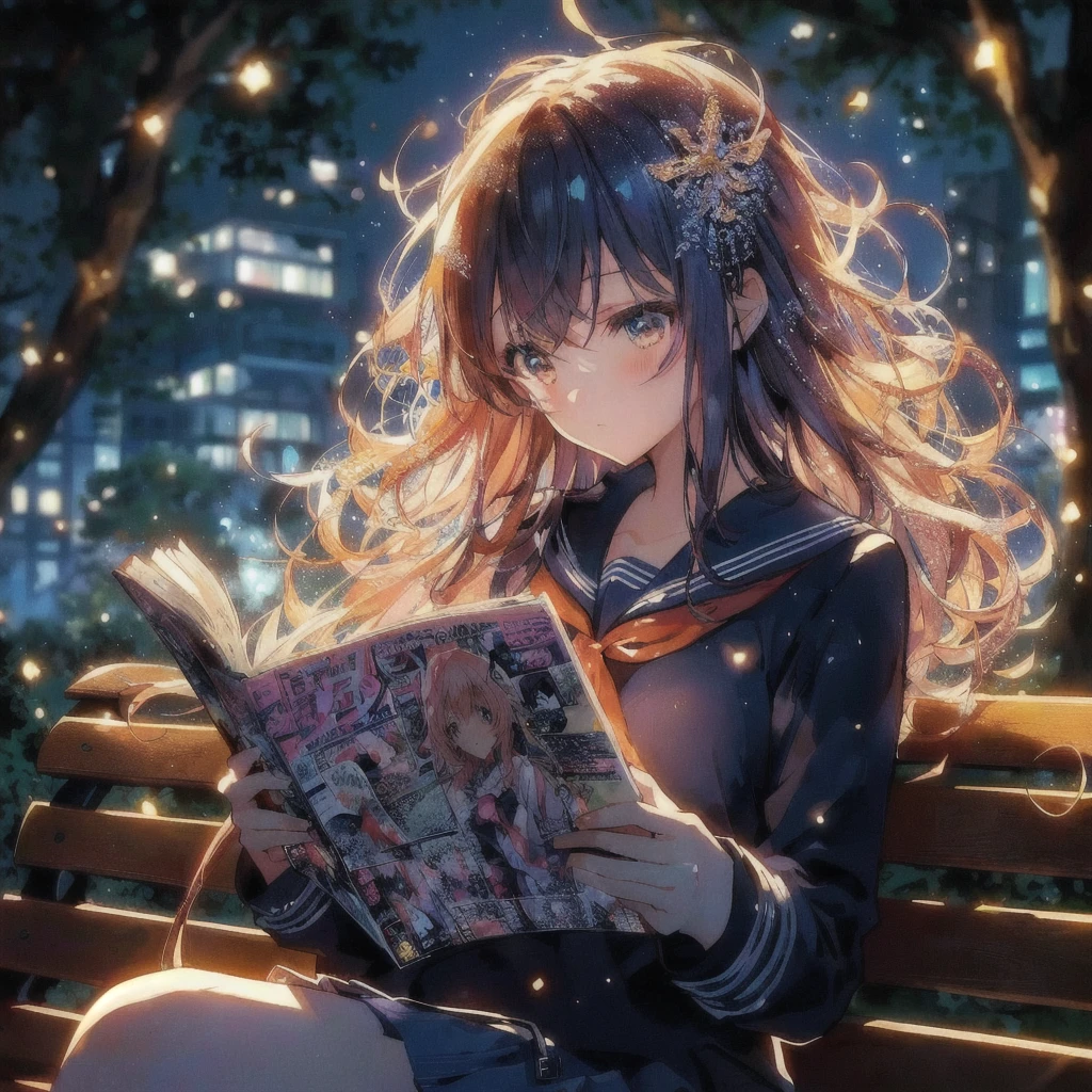 anime girl reading a book on a bench in the park, Comic magazines are shining,4K Manga Wallpapers, anime wallpaper 4k, anime wallpaper 4 k, 4k anime wallpaper, anime style 4 k, anime picture, anime. Soft lighting, beautiful anime girl, anime lighting, anime lover, 80年代のanimeスタイル,anime art wallpaper 4 k, anime art wallpaper 4k, Nightcore, anime wallaper