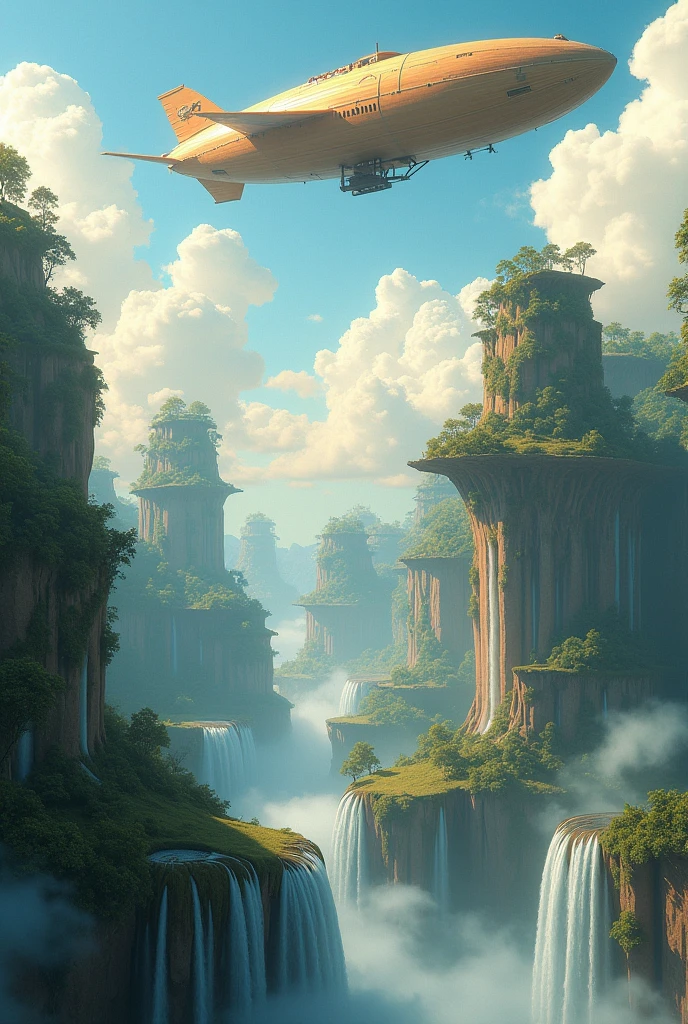 Beautiful floating islands with waterfall and flying ship