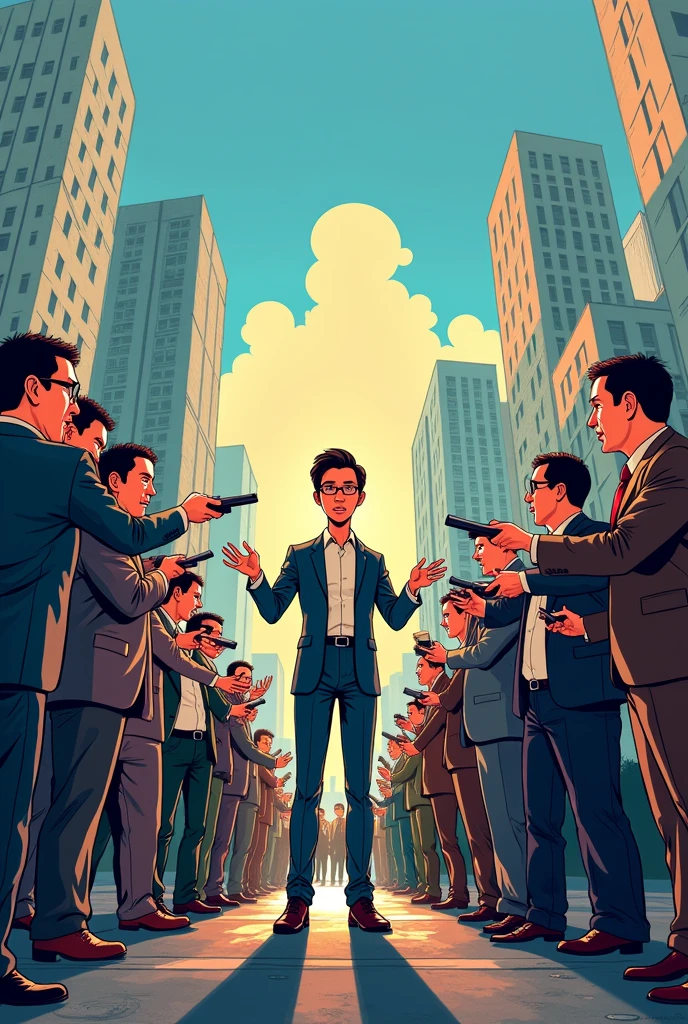 Imagine a political cartoon where the Philippine media is represented by a figure, such as a news anchor or a journalist, standing in the center of the frame. The figure is surrounded by various stakeholders, such as politicians, business leaders, and the general public, each pulling the media figure in different directions.