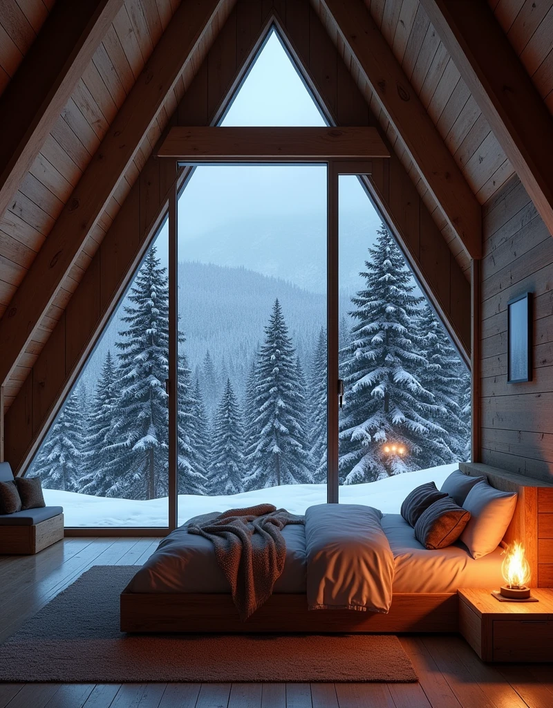 A bedroom in a wooden house made of glass triangular with a fireplace .overlooking the white snow in the mountain forest in night
