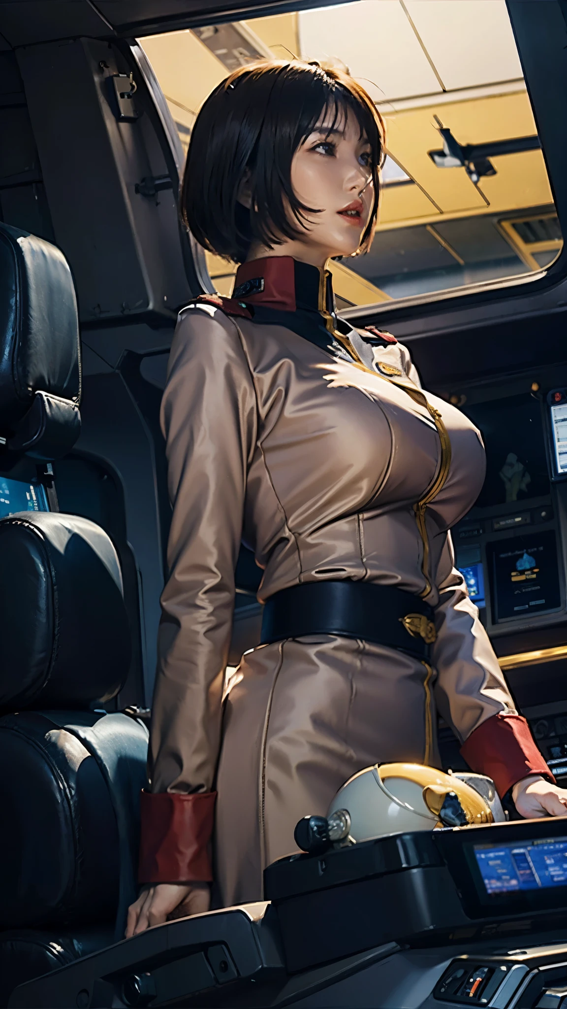 Ruriko Midorikawa、government official、uniform、One beautiful woman、solo、Upper Body、cockpit、Look up、Grip the control stick、Large Breasts。