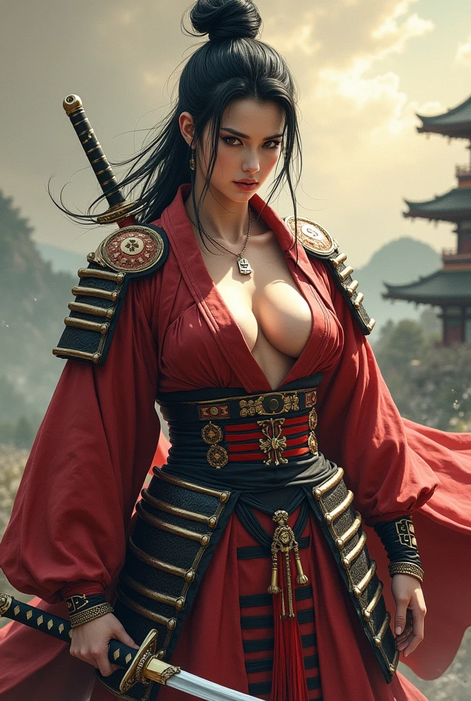 high quality fingers, normal hands, detailed fingers, masterpiece, (realistic, photo-realistic: 1.37), realistic, 1girl, long hair:1.5, black hair:1.2, red eyes:1.5, bright eyes, mortal kombat, ninja, blood, scar, weapons, kimono, dress, mortal kombat costume, large breasts, fighting pose, serene look, temple, meditation, injuries, mask, face mask, eyes to the sky