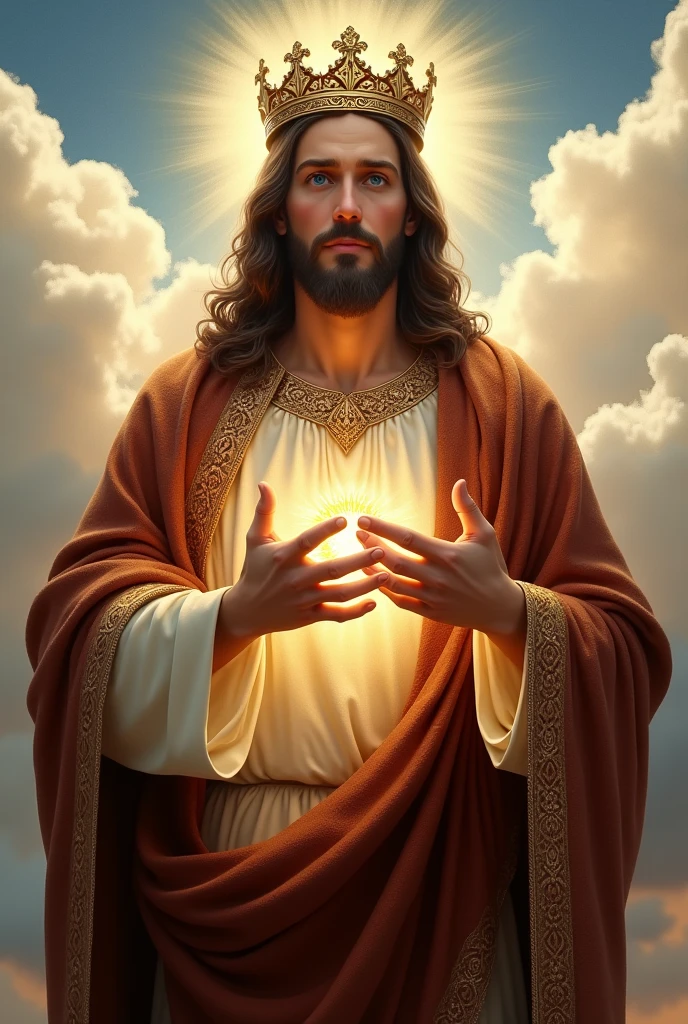 Perfect hand 5 finger, Portrait of a handsome Jesus Christ with light in his head and heart sparkling all over. wearing brown king clothes and crown of king in the clouds, Jesus Christ, real blue eyes, sunny day, intricate details.real Jesus Christ, straight head face, Straight body.Prayer Jesus Christ, perfect full body,  perfect hands finger,Prayer Jesus Christ, praying Jesus Christ backgrounds natural photographic
