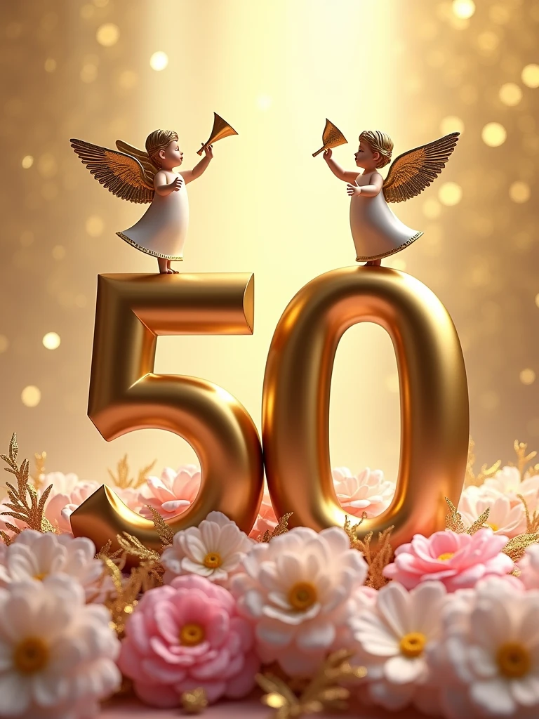 a 3d flat golden 50 with an angel on top of it with a trumpet and another on the right side of 50 welcoming others, lying on pink and white flower bouquets with golden leaves, backdrop of glittering gold particles