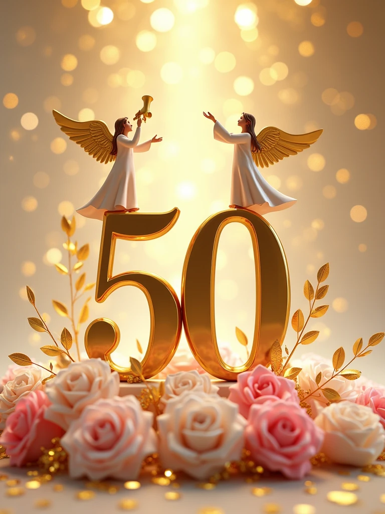 a 3d flat golden 50 with an angel on top of it with a trumpet and another on the right side of 50 welcoming others, lying on pink and white flower bouquets with golden leaves, backdrop of glittering gold particles