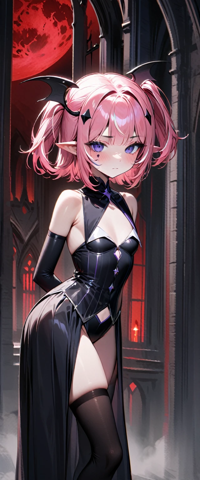 UHD, masterpiece, best quality, extremely detailed, anatomically correct, sharp focus, Midnight, red moon, gloomy atmosphere, Church, altar isle, 1girl, solo, camilavtuber, pink hair, short hair, shoulder length hair, (black head wings), (twin ponytail), purple eyes, facial mark, black arm sleeves, slim arms, black gloves, small chest, single back wing, long black gown, slim legs, black thighhighs, black high heels, (full body) , (close-up), innocent pose, eye-level shot, front view, innocent pose