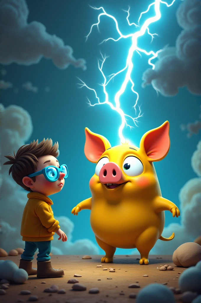 Wearing blue glasses　The yellow pig is emitting lightning