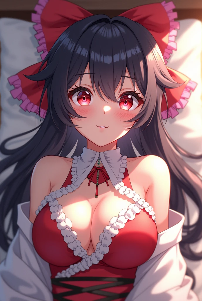 masterpiece、8K、Super fine、highest quality、Reimu Hakurei(Hakureimu)、Completely naked、big breasts、nipple、tits、Upper body、black hair、medium long hair、embarrassed face