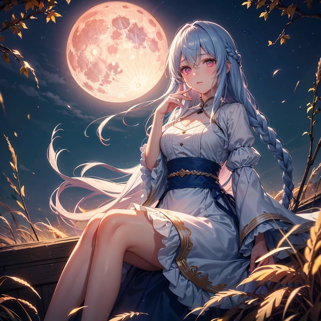 (Sky blue braided medium length hair), (Pink eyes),(Fair skin) ,(whole body),(One Girl),(harvest moon),(A large amount of Miscanthus sinensis in the background),autumn,(full moon),(masterpiece, Highest quality, Very detailed, Best Shadow), (Detailed Background), (Beautifully detailed face), High Contrast, (Best lighting, Very delicate and beautiful), ((Cinematic Light)), Hyper Detail,8k, Dramatic Light, Intricate details