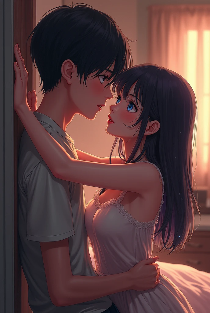 1 girl and 1 boy, taking sex, room, girl , small chest, long hair, blue eyes, ((taking sexy)), realistic, art perfect