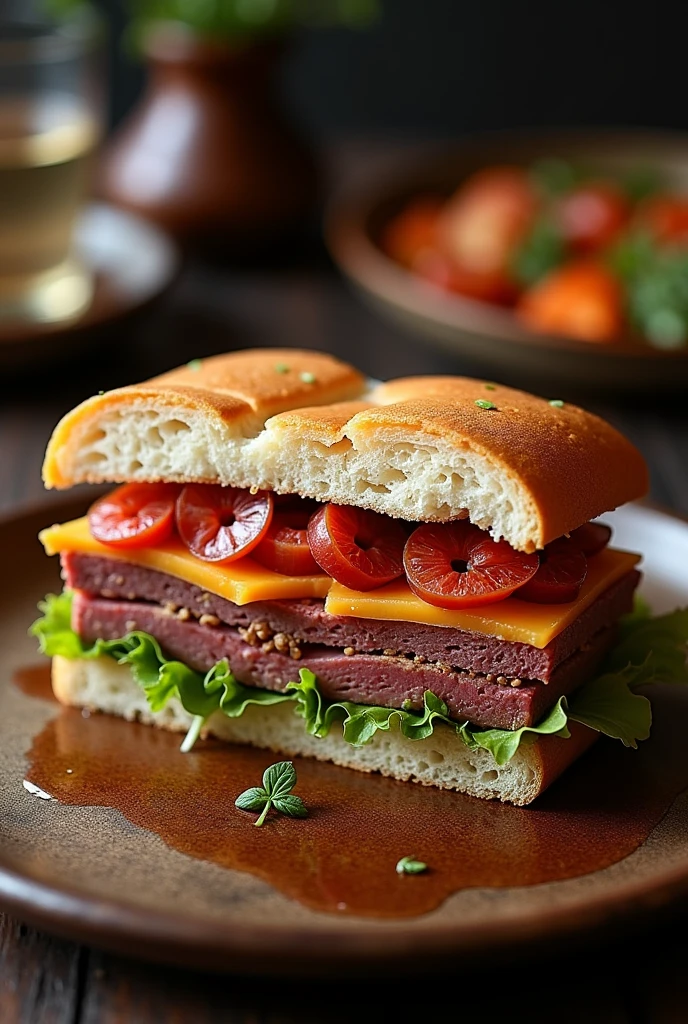 Bread, toast, sandwich, beef, lettuce, tomato, sauce, wooden board