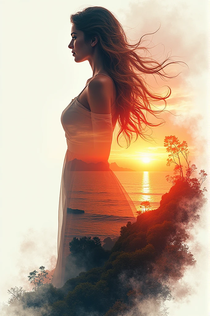 high quality, 8K Ultra HD, A beautiful double exposure that combines an goddess silhouette with sunset coast, sunset coast should serve as the underlying backdrop, with its details incorporated into the goddess , crisp lines, The background is monochrome, sharp focus, double exposure, by yukisakura, awesome full color,