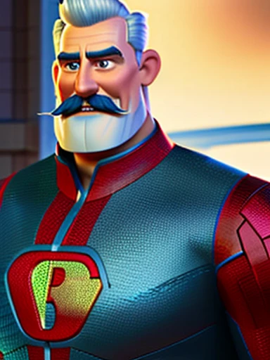 Pixarstyle A waist-high portrait of an elderly man with superhero costume, thick mustache, smile, natural skin texture, 4K textures, HDR, intricate, highly detailed, sharp focus, cinematic look, hyper-detailed