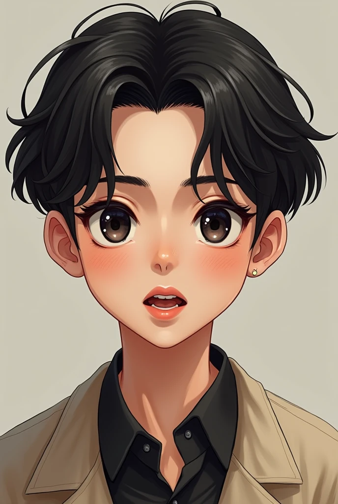The face of a young man with medium-long hair on top and bottom with a book hairstyle,with slightly thick eyebrows, slightly slanted black eyes, and a slightly large and long nose , a little chubby with lips the bottom one a little bigger than the top one