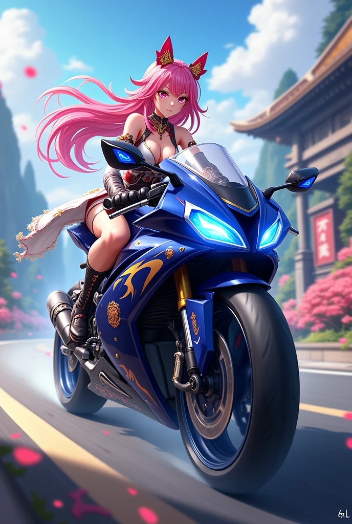 {yae miko from genshin impact} , riding sports bike ,genshin impact  , pink Hair
