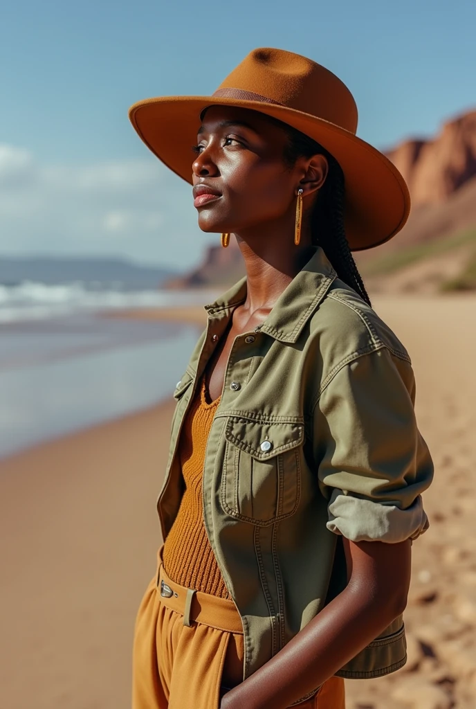 Générer une photo réaliste ;une femme de 25 ans d&#39;origine africaine au Cap, standing up en Afrique du Sud, avec le fond majestueux. Elle porte une tenue décontractée pour une journée de découverte. portrait
