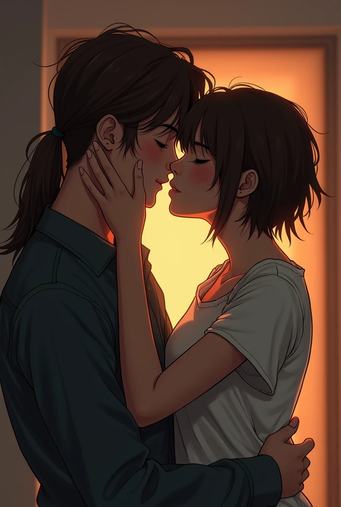 a girl with really short, dark brown hair. which is not longer than the beginning of her neck. she has a rebellious vibe. she’s kissing with a sweet boy, who has brown and very long straight hair. they are in love. she’s touching him. make it look very intimate.