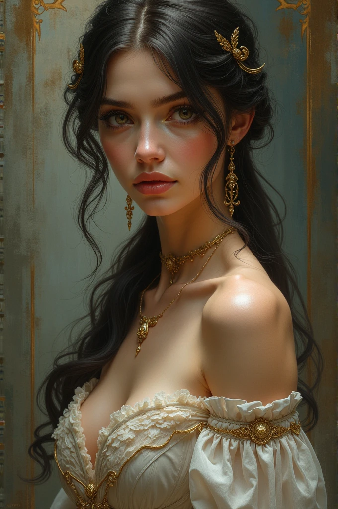 A Miss American, mysterious smile, room walls covered with paintings, 3D magical details, James Jean Soft Light, 4K, Yuri Schvedorf and Tom Bagshaw, beautiful digital artwork, Sylvain Sarrell and Igor Mosky, nude, nipple