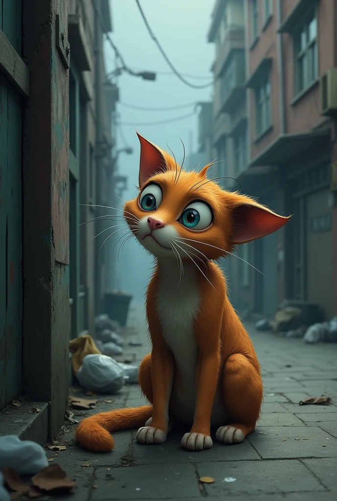 A cat, sad, poor, homeless