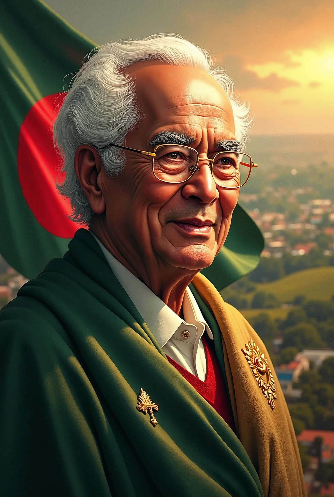 Create a dignified and heartfelt image featuring Nobel Laurette Dr. Mohammad Younus, The image should include a background that represents the resilience of Bangladesh, possibly incorporating elements like the Bangladesh national flag, rural and urban landscapes, and the spirit of young student unity. The text overlay should read: 'Thank you, Dr. Mohammad Younus, for your taking the leadership during Bangladesh's most challenging times.