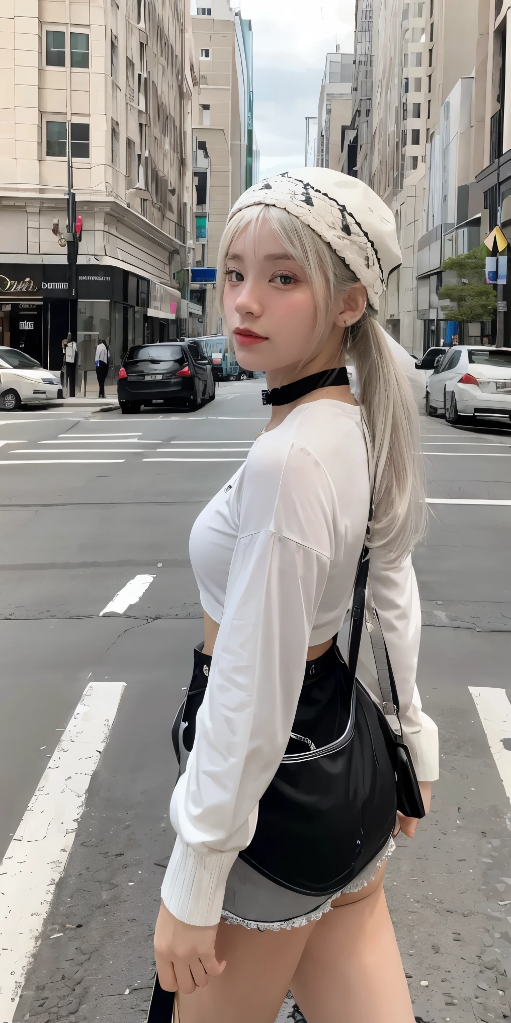 masterpiece , best quality,nahida(genshin impact), 1girl , white shirt:1.5 ,side ponytail ,white hair ,multicolored hair, green eyes,casual outfit , hat , black choker, bag , green hair,busy road , city life