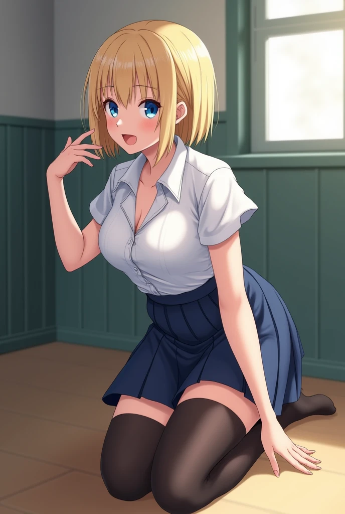 2D Anime Style、Blue eyes、breasts are slightly larger、A cool adult woman with short blonde hair rolls up her skirt while walking around town to show that she is not wearing underwear........、Almost naked.。she spreads her legs and smiles shyly..., open and expose genitals..