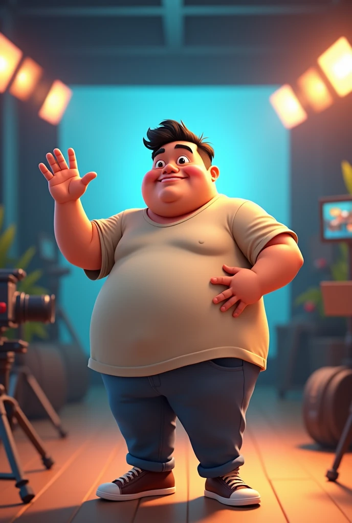4d cartoon of a 34 year old Indonesian man, a bit fat, wearing casual clothes, standing in the film studio room, right hand waving, left hand attached to the waist. zoom in