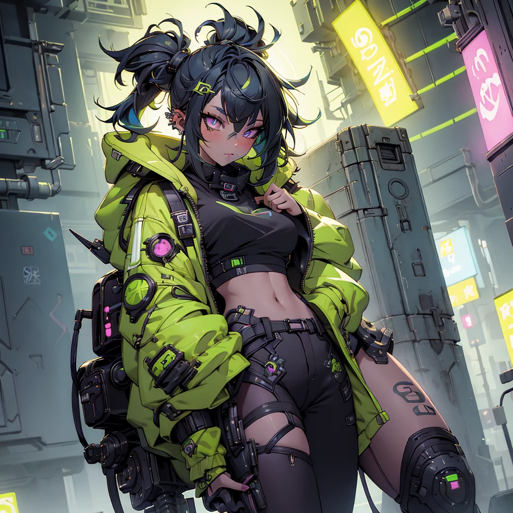 Cyberpunkgirl, blackand greenhighlight shorthair,cyberpunkcity,nightcity,background,1girl,blackand greenjacket,higresolution,masterpiece,bestquality,hd,highdetails,nightview,8k,32k,fullbody,1girl,bluehair,stylishstyle,greenpunkpants
