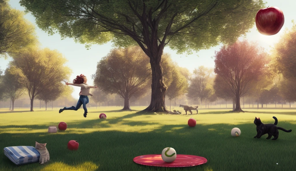 "A vibrant and playful scene set in a sunny park. A shiny red apple sits on a picnic blanket, next to a colorful ball being bounced by children. A fluffy cat lies nearby, purring contently in the sunlight, while a joyful dog plays with a frisbee, leaping through the air. The background features a lush, green meadow with trees swaying gently in the breeze, 4k, cinematic, 8k