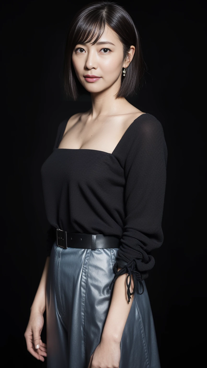 (((Highest quality)), ((8k)), ((masterpiece: 1.3)), (Photorealism: 1.6), (JMA), (Who), (Portrait of a Japanese mature woman), (Pitch black background: 1.2), (Woman standing diagonally facing forward: 1.4), (65-year-old woman), (Perfect looks), ((Realistic skin texture)), (Fine wrinkles all over the skin), (Dullness), (Facial wrinkles), (Wrinkles around the eyes), double eyelid, Tear bags under the eyelids, corner of the eye, Thin eyebrows, (Grimacing and laughing), Short bangs, short hair, (Loose-fitting blouse with a wide neckline: 1.2), (Close-up of face),