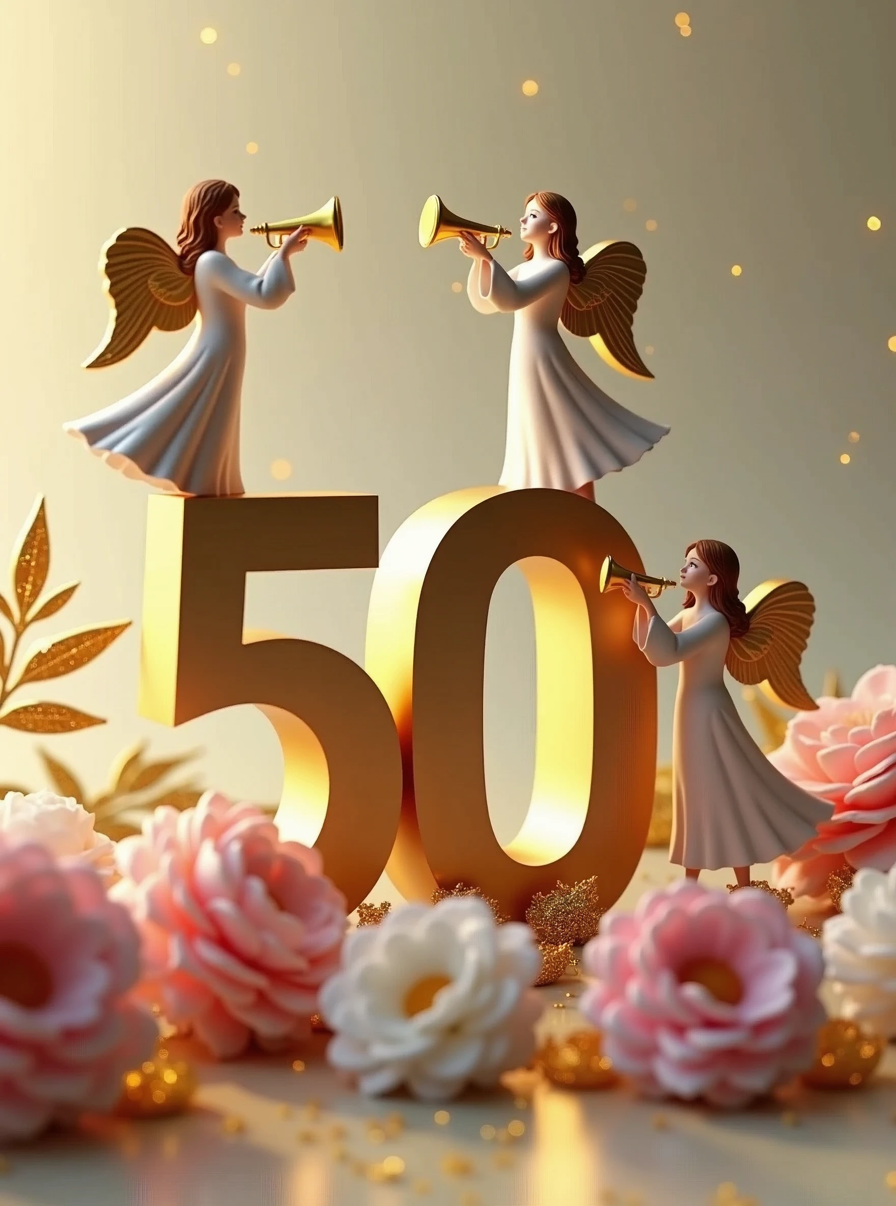 a 3d flat golden 50 with an angel on top of itwith  a trumpet and another on the right side of welcoming others, lying on pink and white flower bouquets with golden leaves, backdrop of glittering gold particles
