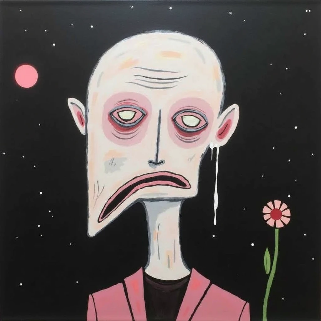 **flat oil painting depicting a bald humanoid albino old man, "big mouth", "holding a red flower in his hand", "big head and long thin neck", "pink moon in the background", "black night studded with stars", graffiti painting by Jean-Michel Basquiat.**