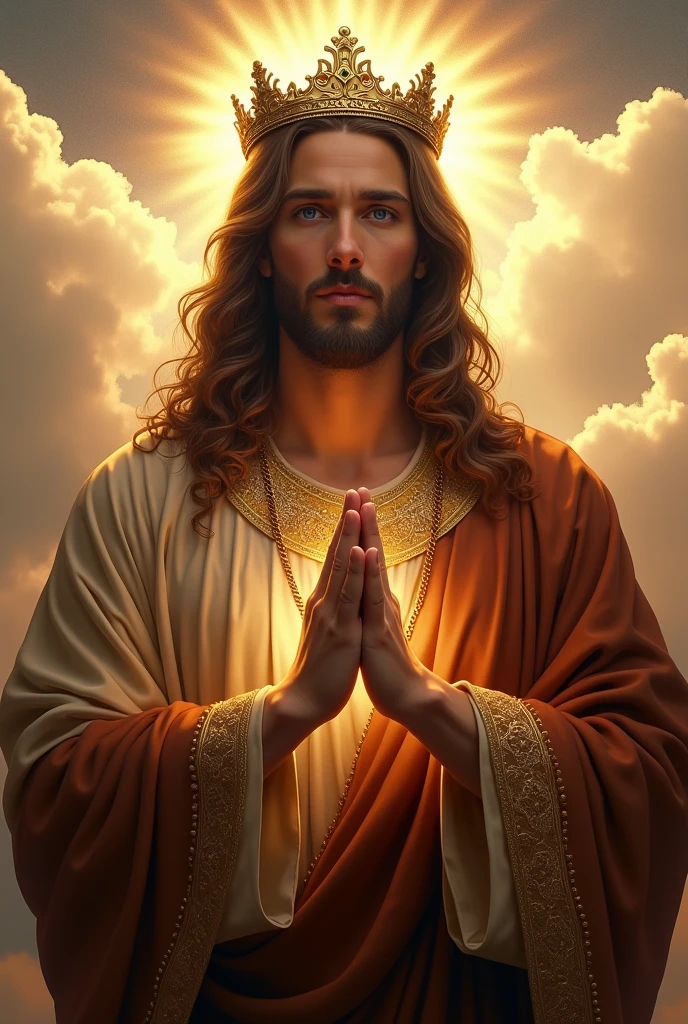 Perfect hand 5 finger, Portrait of a handsome Jesus Christ with light in his head and heart sparkling all over. wearing brown king clothes and crown of king in the clouds, Jesus Christ, real blue eyes, sunny day, intricate details.real Jesus Christ, straight head face, Straight body.Prayer Jesus Christ, perfect full body, perfect hands finger,Prayer Jesus Christ, praying Jesus Christ backgrounds natural photographic