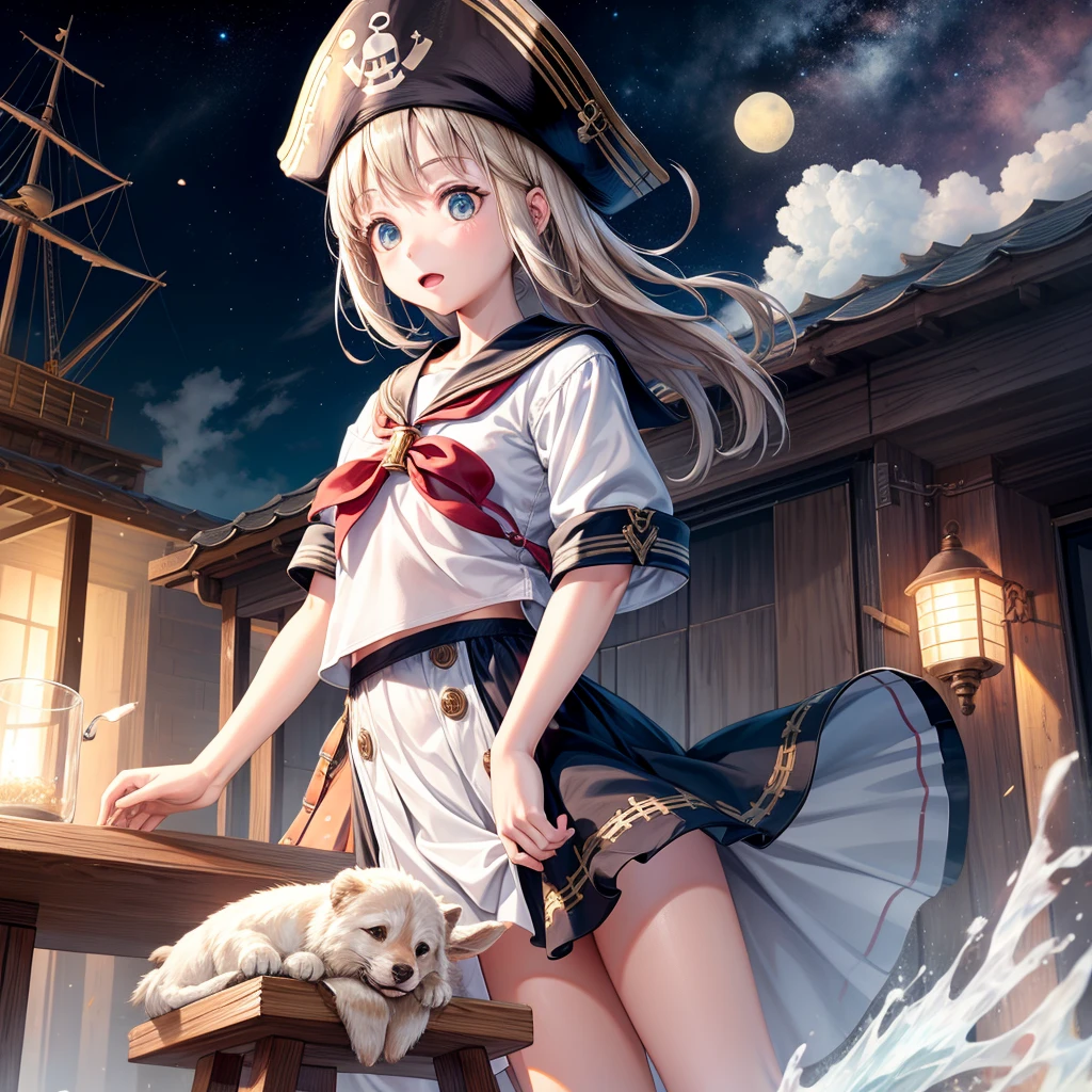 One Girl, pirate, Highest quality、Cinema Lighting、Sailor suit、Long skirt、Galleon Deck、White panties,