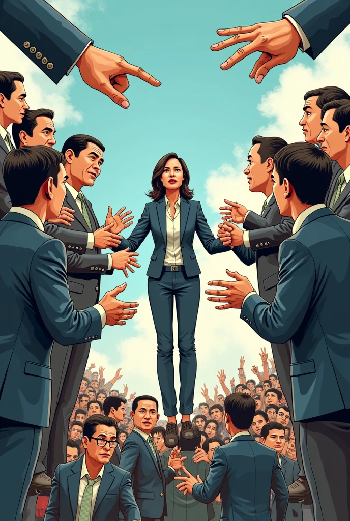 Imagine a political cartoon where the Philippine media is represented by a figure, such as a news anchor or a journalist, standing in the center of the frame. The figure is surrounded by various stakeholders, such as politicians, business leaders, and the general public, each pulling the media figure in different directions. Make it easy to draw and cartoon