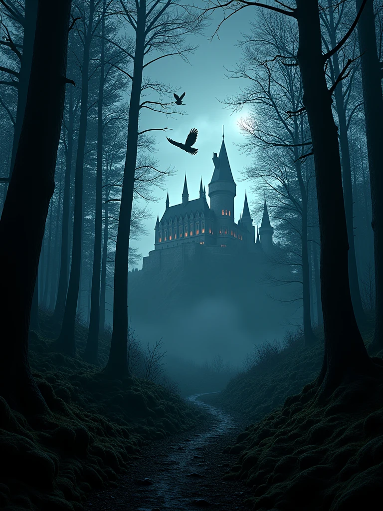 Distant hogwarts castle visible through woods, dark moody forest but , bright hogwarts castle, 8k , realistic, owls