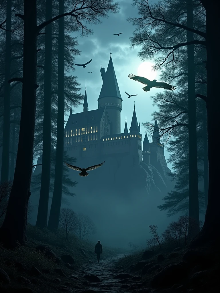 Distant hogwarts castle visible through woods, dark moody forest but , bright hogwarts castle, 8k , realistic, owls