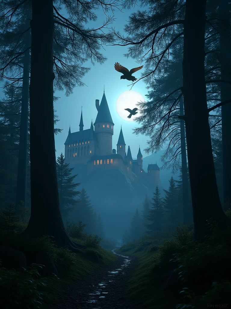 Distant hogwarts castle visible through woods, dark moody forest but , bright hogwarts castle, 8k , realistic, owls