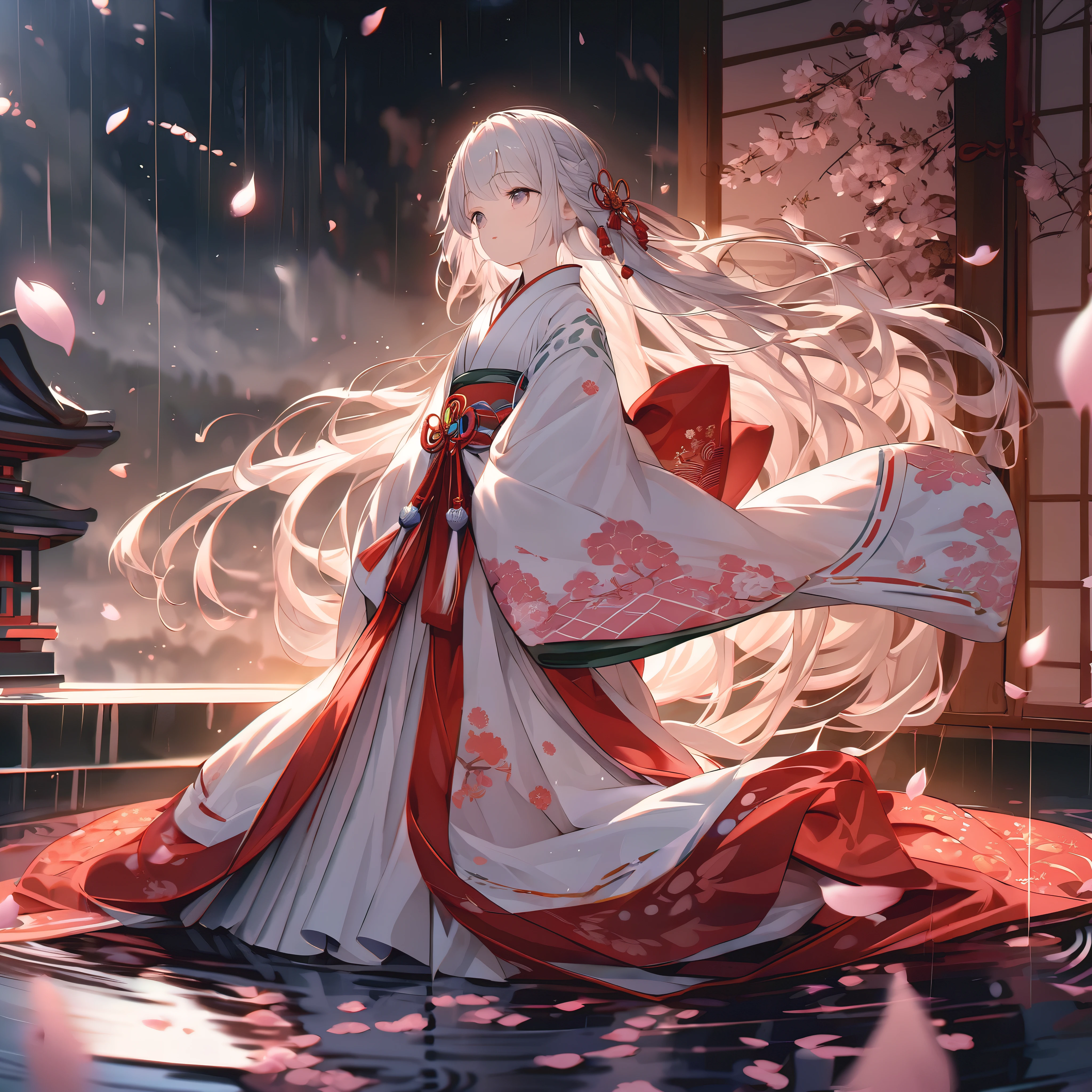 (full body), (solo), (A 7-year-old girl:1.2), (very young little girl), loli, (Solo), (small breast), (wide angle), raw photo, Aesthetic, Convoluted, Awarded, chiaroscuro, Best Quality, Detailed background, (Misty atmosphere:1.2), (hard rainy day:1.1),((Girl in very long shrine maiden:1.2)), detailxl, In the throes of a tempestuous night, the rain falls in torrents, painting the world in shades of silver and darkness. Amidst the deluge, a young girl appears, a figure of enchantment, her silhouette a stark contrast to the storm's fury. She is adorned in a Japanese shrine maiden costume, a miko-zukuri, that is an opulent display of elegance and tradition.
The miko-zukuri is a vision of grandeur, with the haori, an outer garment, extending its hem to the ground, flowing like a river of pristine white silk. The fabric is of the highest quality, its texture smooth and supple, caressing the contours of her form as she moves with the grace of a willow in the wind. The haori is embroidered with delicate motifs of cherry blossoms and chrysanthemums, symbols of spring and autumn, respectively, their petals intricately stitched with threads that glimmer with the subtlest hint of mother-of-pearl.
The hakama, a traditional skirt, is elongated to match the haori, its hem sweeping the ground with each step, creating a sound akin to rustling leaves. The hakama is a deep, rich crimson, the color of a heart's passion, and it is adorned with a brocade pattern that is a dance of light and shadow, the threads shimmering with a metallic sheen that catches the fleeting flashes of lightning.
Her hair is styled in a traditional manner, with a long, flowing braid that cascades down her back, secured with a white ribbon that is embroidered with delicate cherry blossoms. The ribbon flutters with each movement, a dance of its own, adding to the overall elegance of her appearance.
Around her waist, she wears an obi, a wide sash that is a tapestry of colors and patterns, its design
