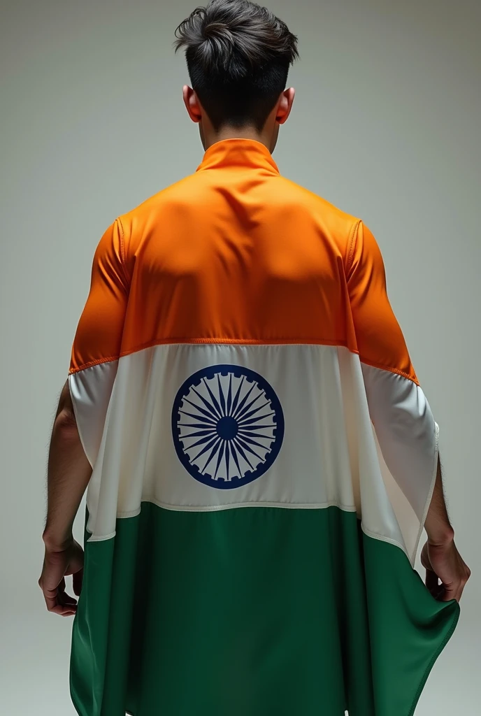 A 18 year old boy covering his back with Indian flag show front 